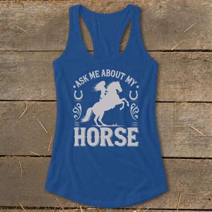 Blue tank top with "Ask me about my HORSE" text and horse and rider graphic.