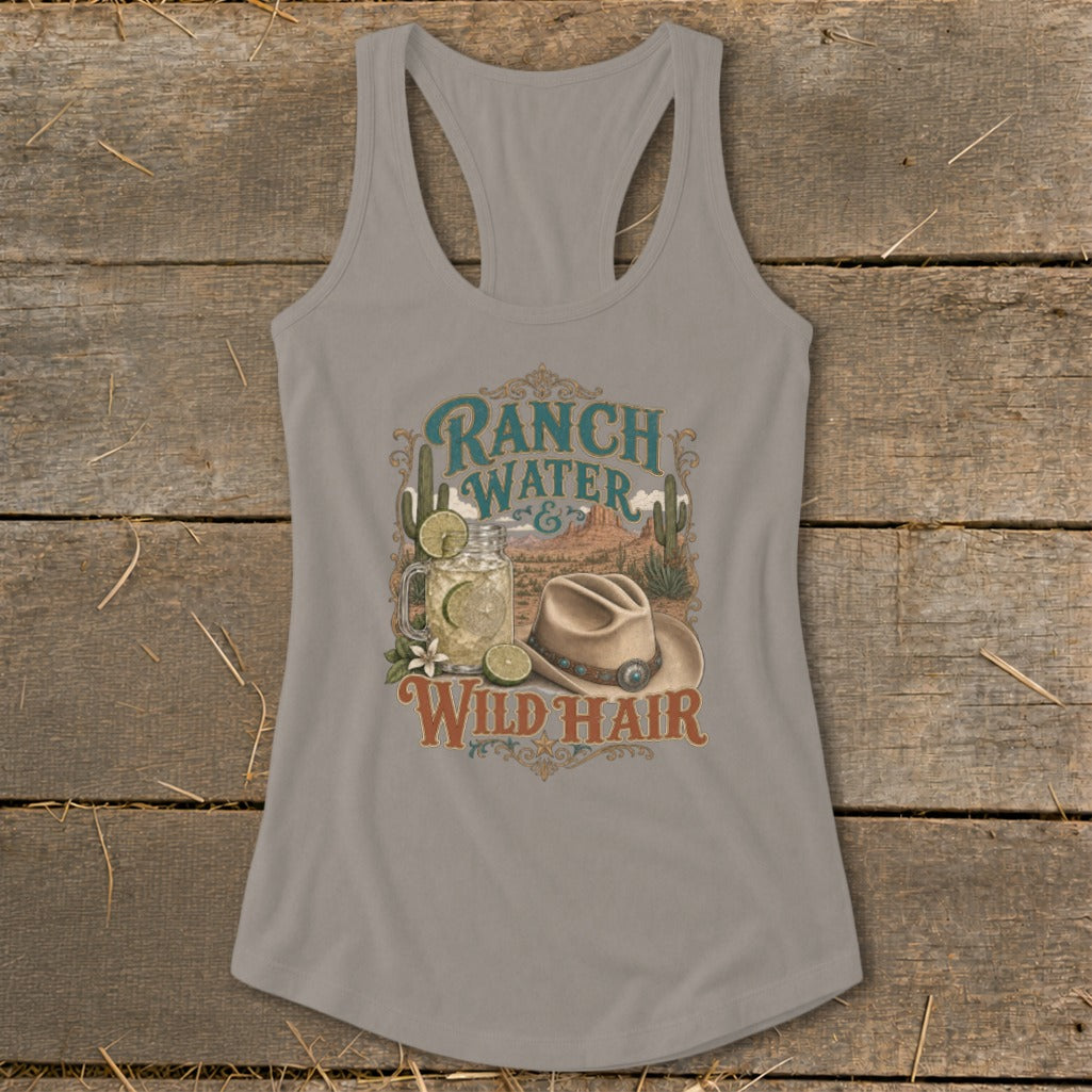 Tank top with "Ranch Water & Wild Hair" graphic featuring a cowboy hat and drink.