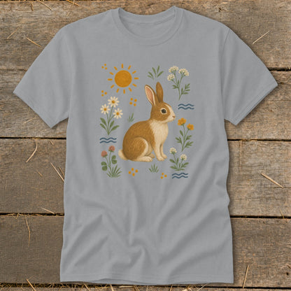 Brown and white rabbit in a field of flowers with a sun and wavy blue lines.