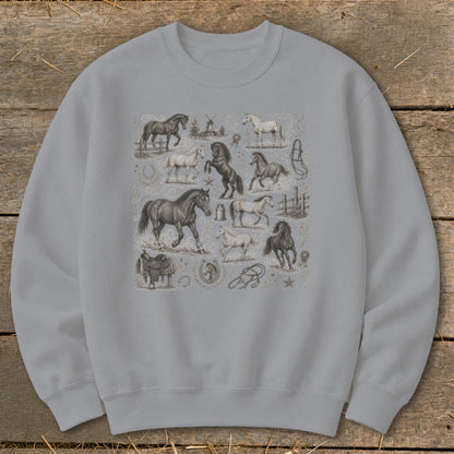Light gray sweatshirt with vintage horse illustrations and equestrian details.