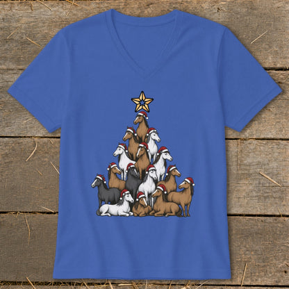 Blue t-shirt with a Christmas tree made of horses wearing Santa hats.