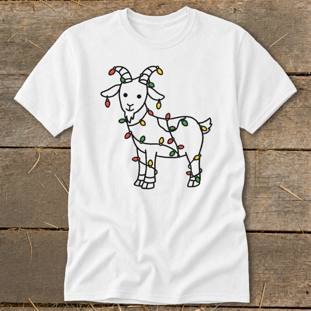 White t-shirt with a cartoon goat decorated with colorful Christmas lights.