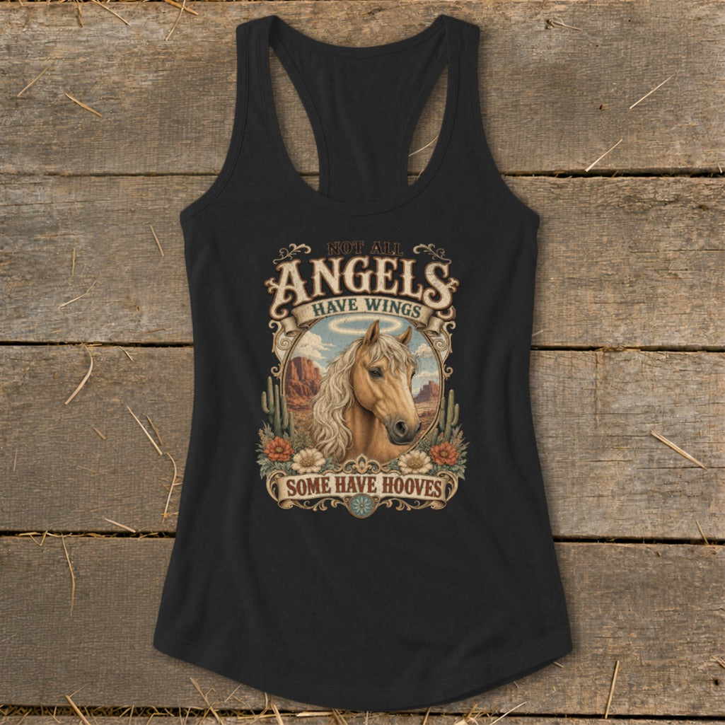Black tank top with horse graphic and text "Not All Angels Have Wings, Some Have Hooves."