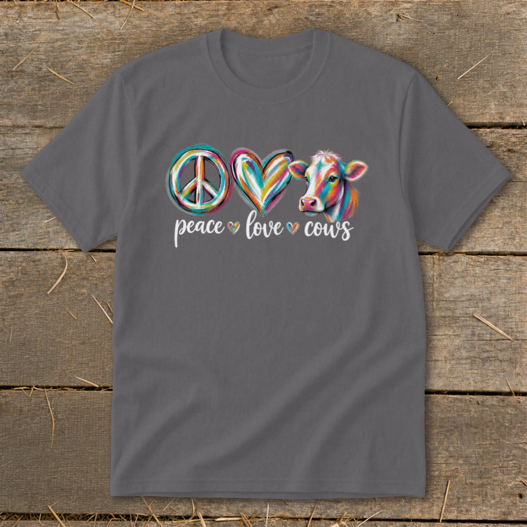 Gray t-shirt with colorful peace sign, heart, and cow graphic reading "Peace Love Cows."