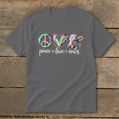 Gray t-shirt with colorful peace sign, heart, and cow graphic reading "Peace Love Cows."