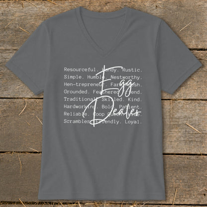 Grey v-neck t-shirt with "Egg Dealer" in white text and descriptive words.