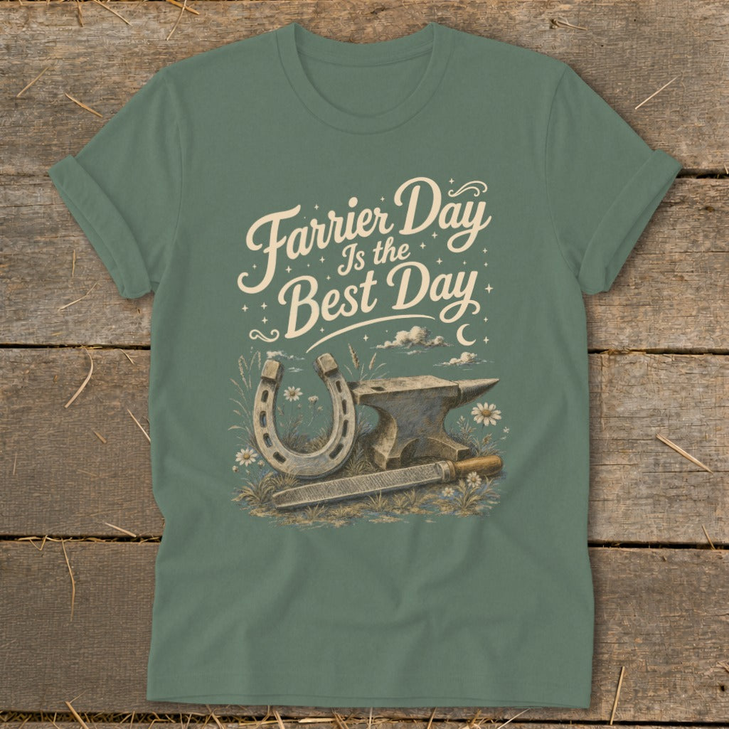 Green t-shirt with "Farrier Day Is the Best Day" text, horseshoe, anvil, and file.