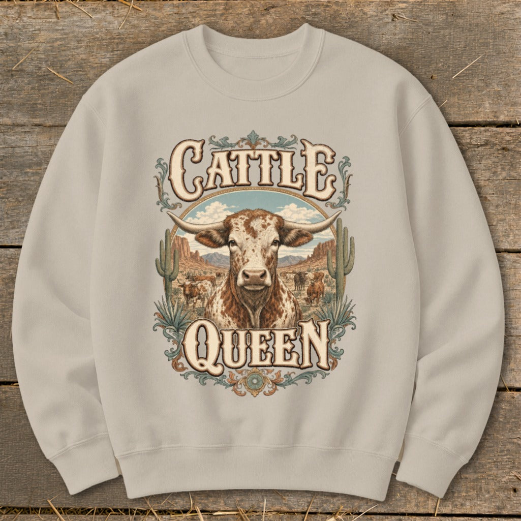 Crewneck sweatshirt with "Cattle Queen" text and a Texas Longhorn steer design.