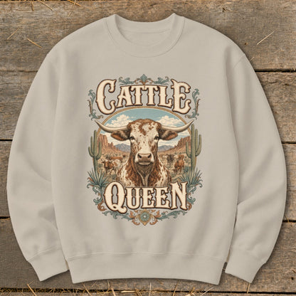 Crewneck sweatshirt with "Cattle Queen" text and a Texas Longhorn steer design.