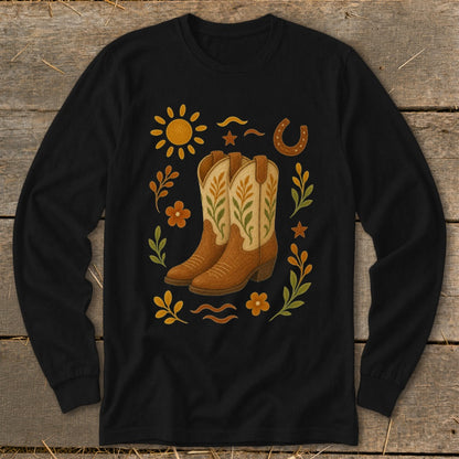 Black long-sleeve shirt with brown cowboy boots and floral western-themed graphic.