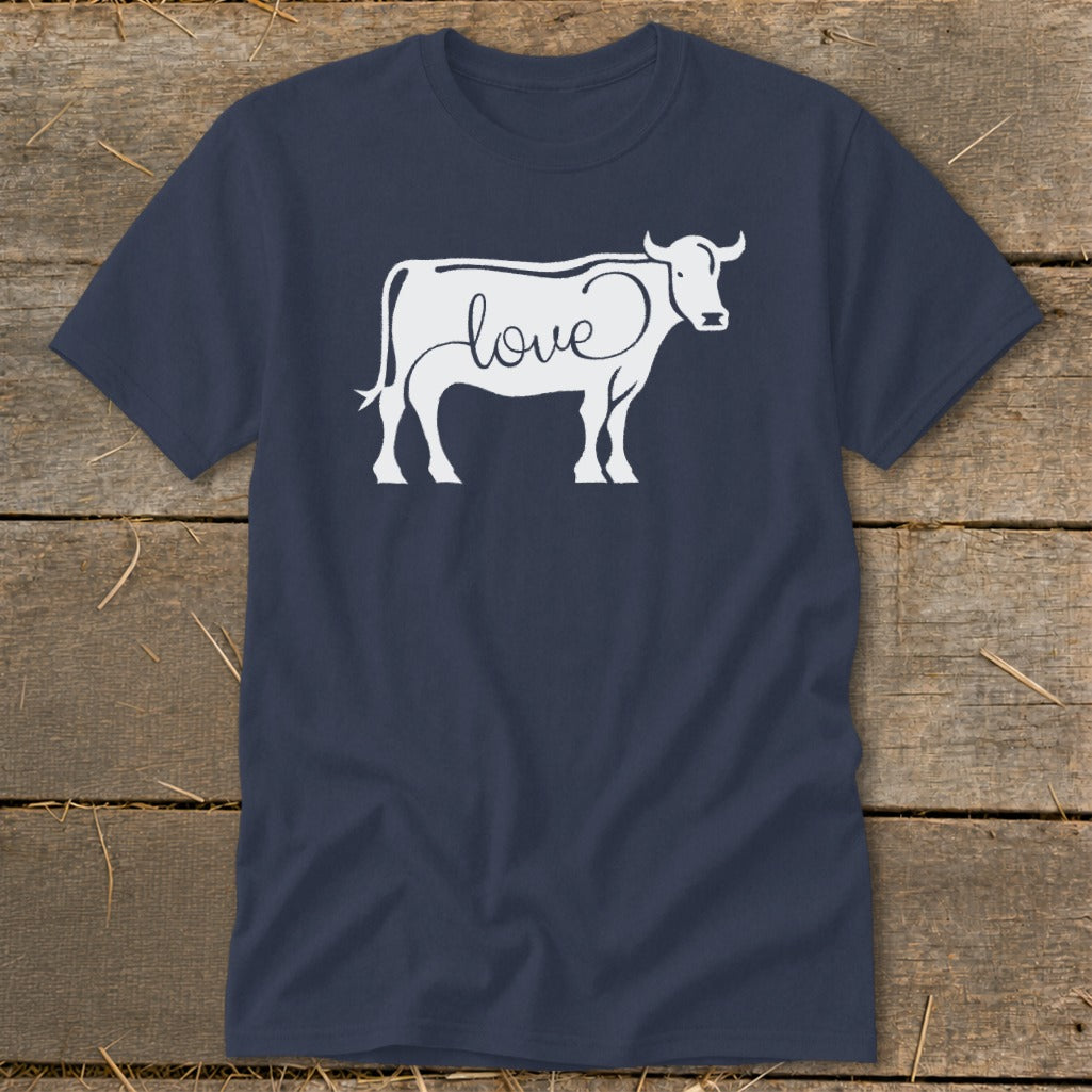Navy t-shirt with white outline of cow with the word "love" on it.