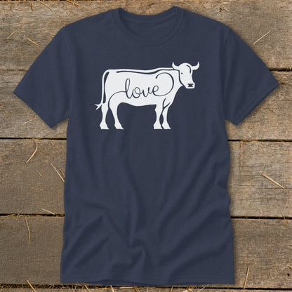 Navy t-shirt with white outline of cow with the word "love" on it.