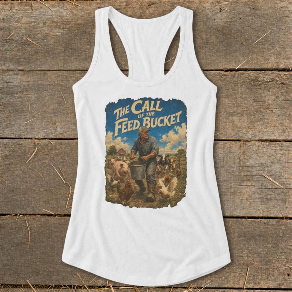 Graphic on white tank top: "The Call of the Feed Bucket" with farmer feeding animals.