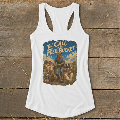Graphic on white tank top: "The Call of the Feed Bucket" with farmer feeding animals.