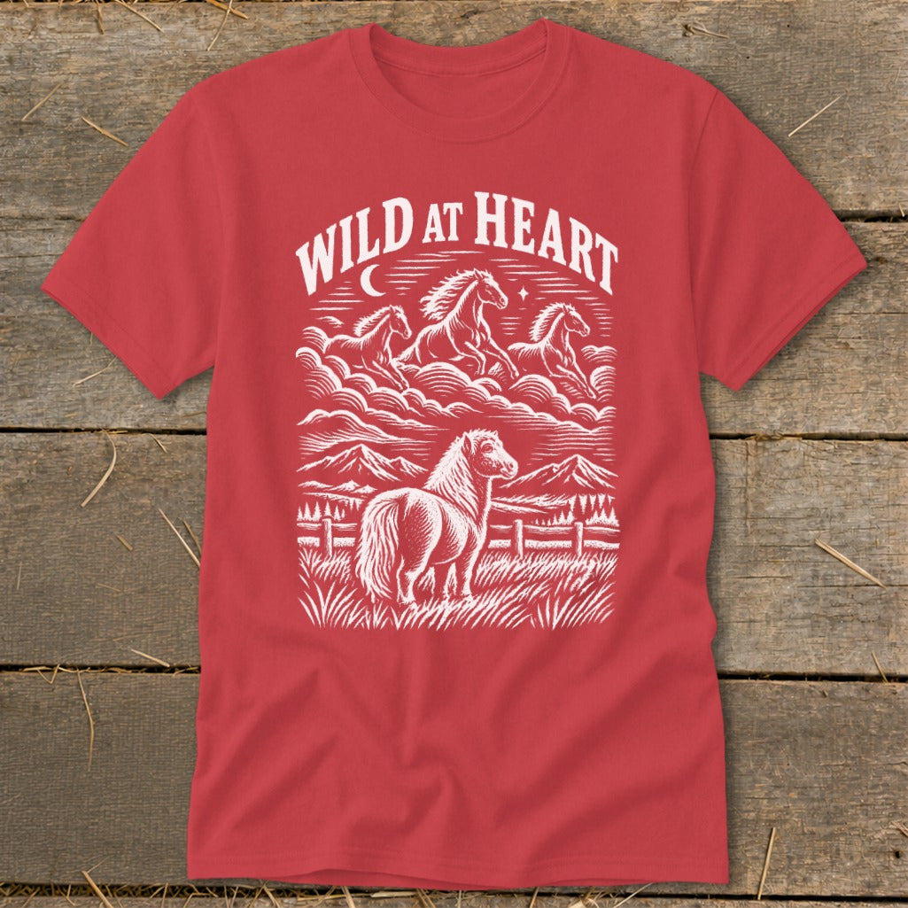 Red t-shirt with white "WILD AT HEART" text and horse illustration.
