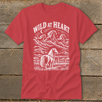 Red t-shirt with white "WILD AT HEART" text and horse illustration.