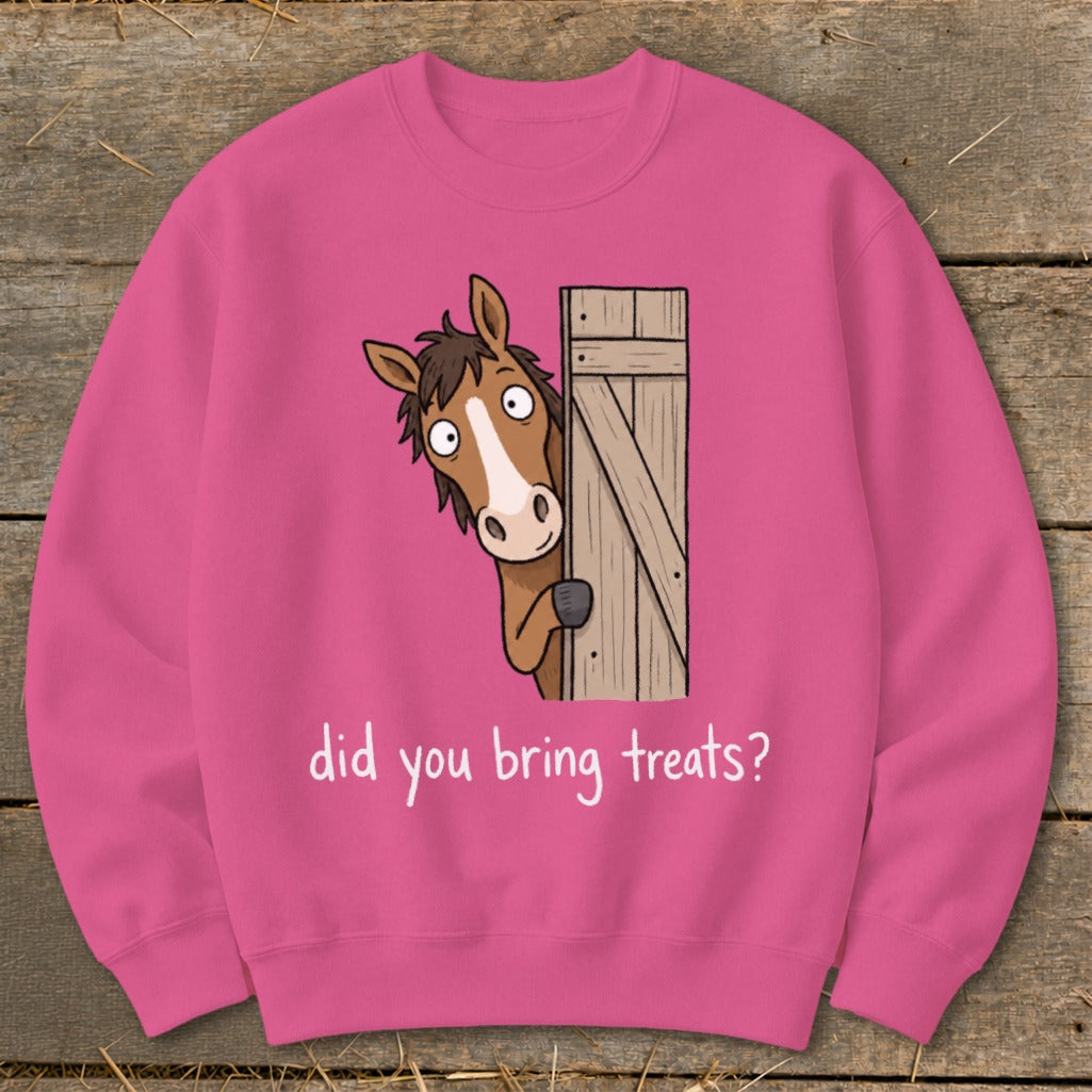 Pink sweatshirt with cartoon horse peeking from a barn door asking "did you bring treats?".