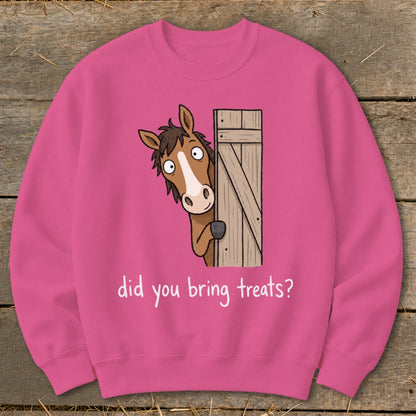 Pink sweatshirt with cartoon horse peeking from a barn door asking "did you bring treats?".