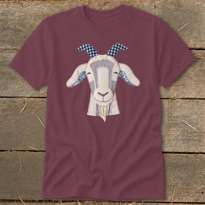 Maroon t-shirt with a stitched applique goat face design.