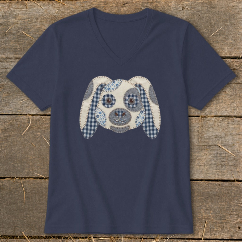 Navy v-neck t-shirt with a fabric applique dog face on the front.