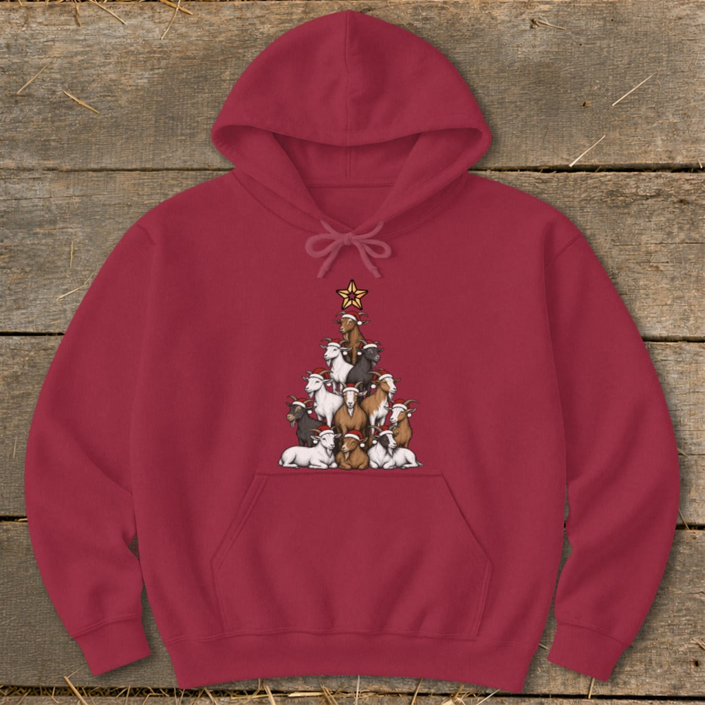 Maroon hoodie with a Christmas tree made of goats wearing Santa hats and a star.