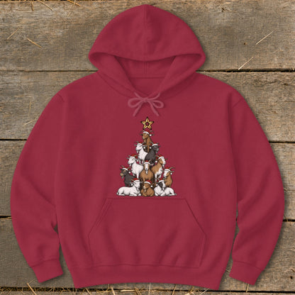Maroon hoodie with a Christmas tree made of goats wearing Santa hats and a star.
