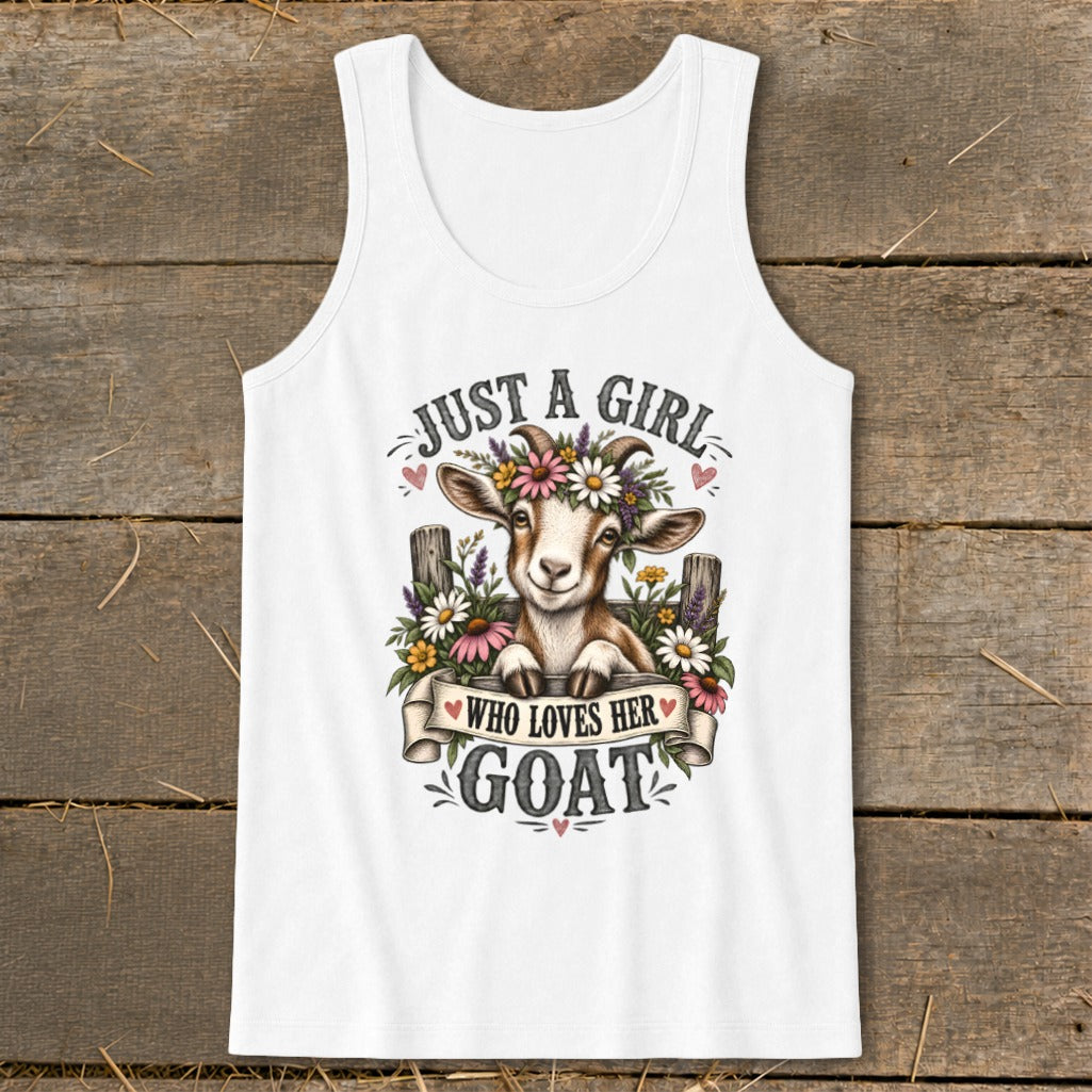 White tank top with "Just a girl who loves her goat" graphic featuring a goat wearing flowers.