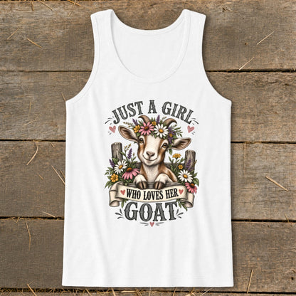 White tank top with "Just a girl who loves her goat" graphic featuring a goat wearing flowers.