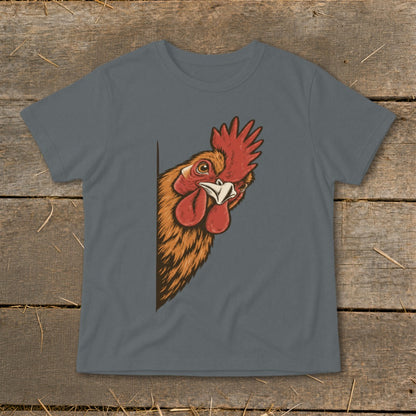 T-shirt with a peeking rooster illustration.