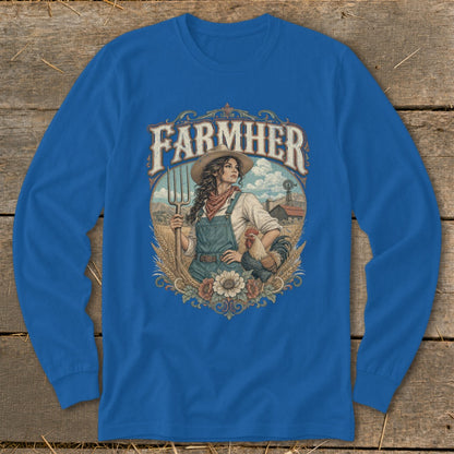 Farmher graphic on a royal blue long-sleeve shirt with a farmer and rooster.