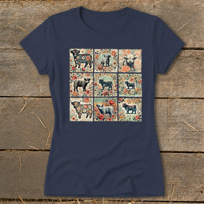 Nine floral-themed squares featuring various cows and calves on a navy t-shirt.