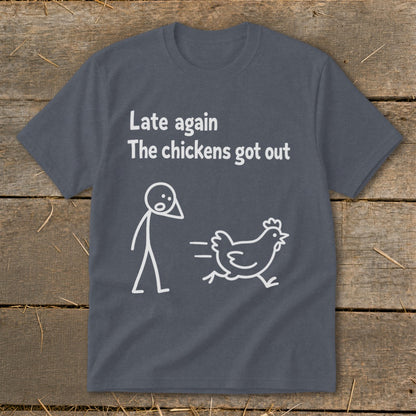 T-shirt with white text and stick figures of person and running chicken.