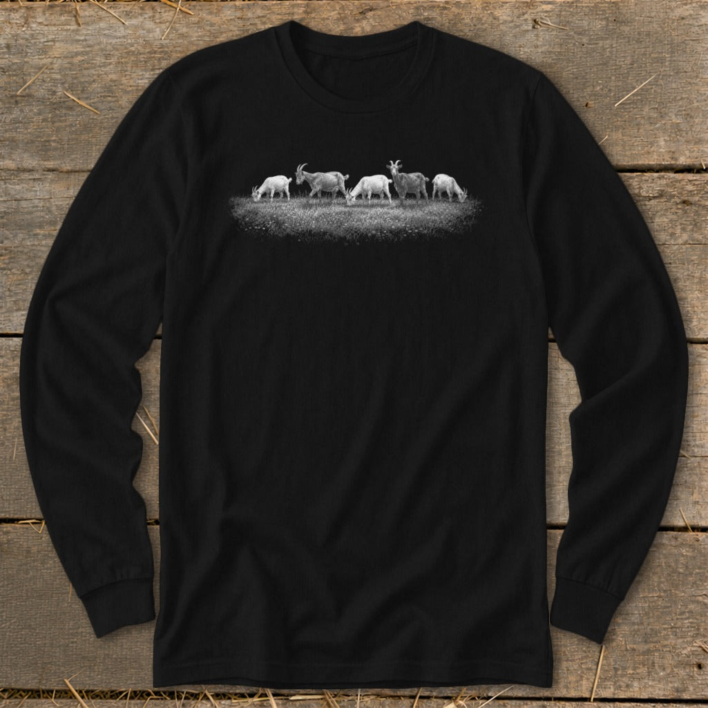 Black long sleeve t-shirt with a graphic of five goats grazing in a field.
