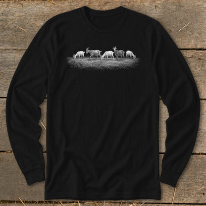 Black long sleeve t-shirt with a graphic of five goats grazing in a field.