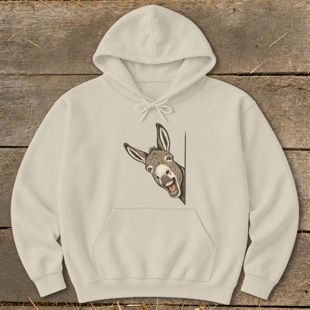 Light beige hoodie with a cartoon donkey peeking around a corner.