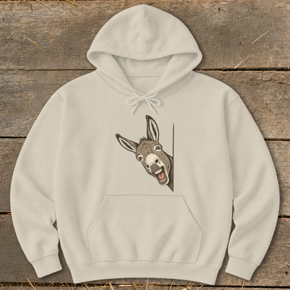 Light beige hoodie with a cartoon donkey peeking around a corner.