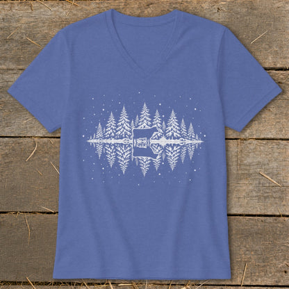 Periwinkle v-neck t-shirt with white graphic of a deer in a forest reflected in water.