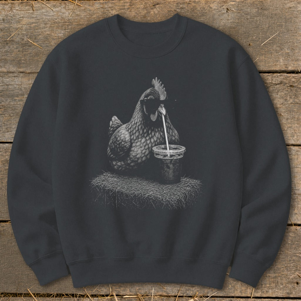 Dark gray sweatshirt with a charcoal line drawing of a chicken drinking from a straw in a cup.