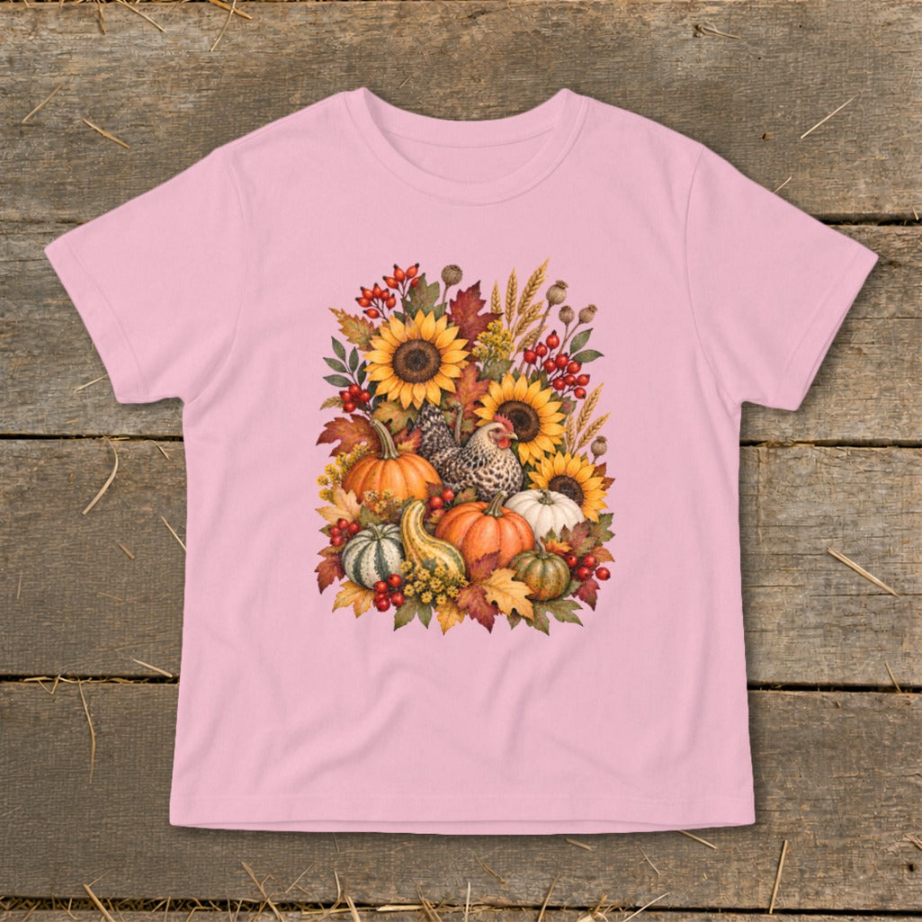 Pink t-shirt with a fall harvest graphic of sunflowers, pumpkins, gourds, and chickens.