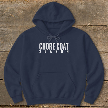 Navy hoodie with white text "CHORE COAT SEASON" on the chest.