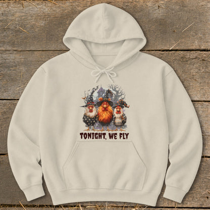 Cream hoodie with Halloween chickens wearing witch hats and "TONIGHT, WE FLY" text.