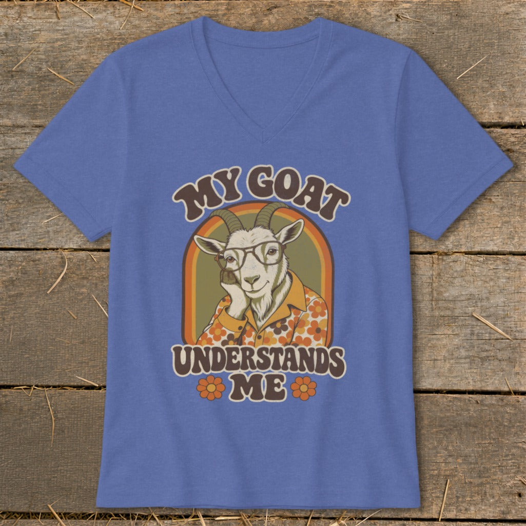 Retro goat wearing glasses and floral shirt, text "MY GOAT UNDERSTANDS ME".