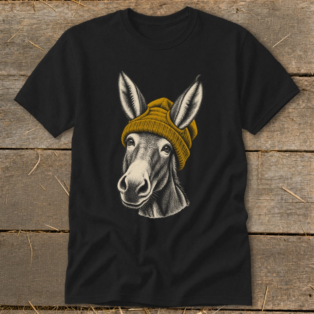 Black t-shirt with a detailed sketch of a donkey wearing a yellow beanie.