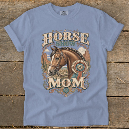 Horse Show Mom with horse and ribbon design on a blue t-shirt.