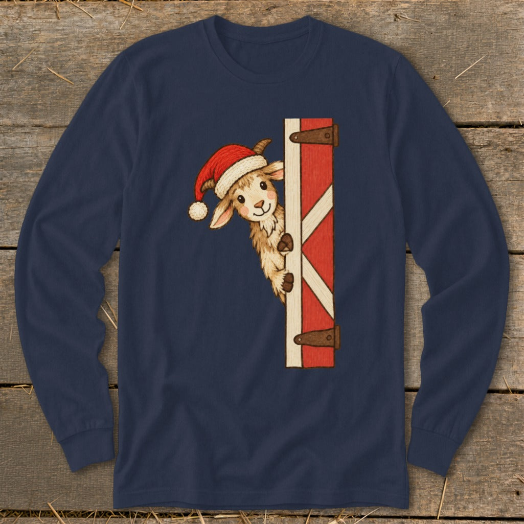 Navy long-sleeve shirt with a llama wearing a Santa hat peeking around a red barn door.