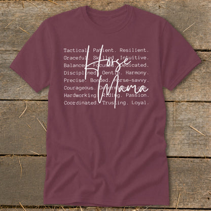 Maroon t-shirt with "Horse Mama" text and list of positive attributes.