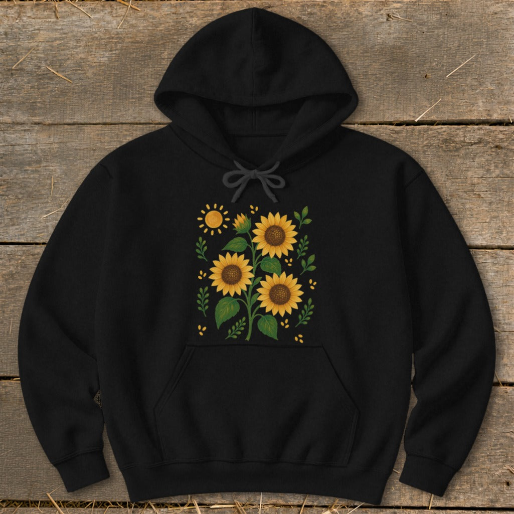 Black hoodie with a floral sunflower and sun graphic design.