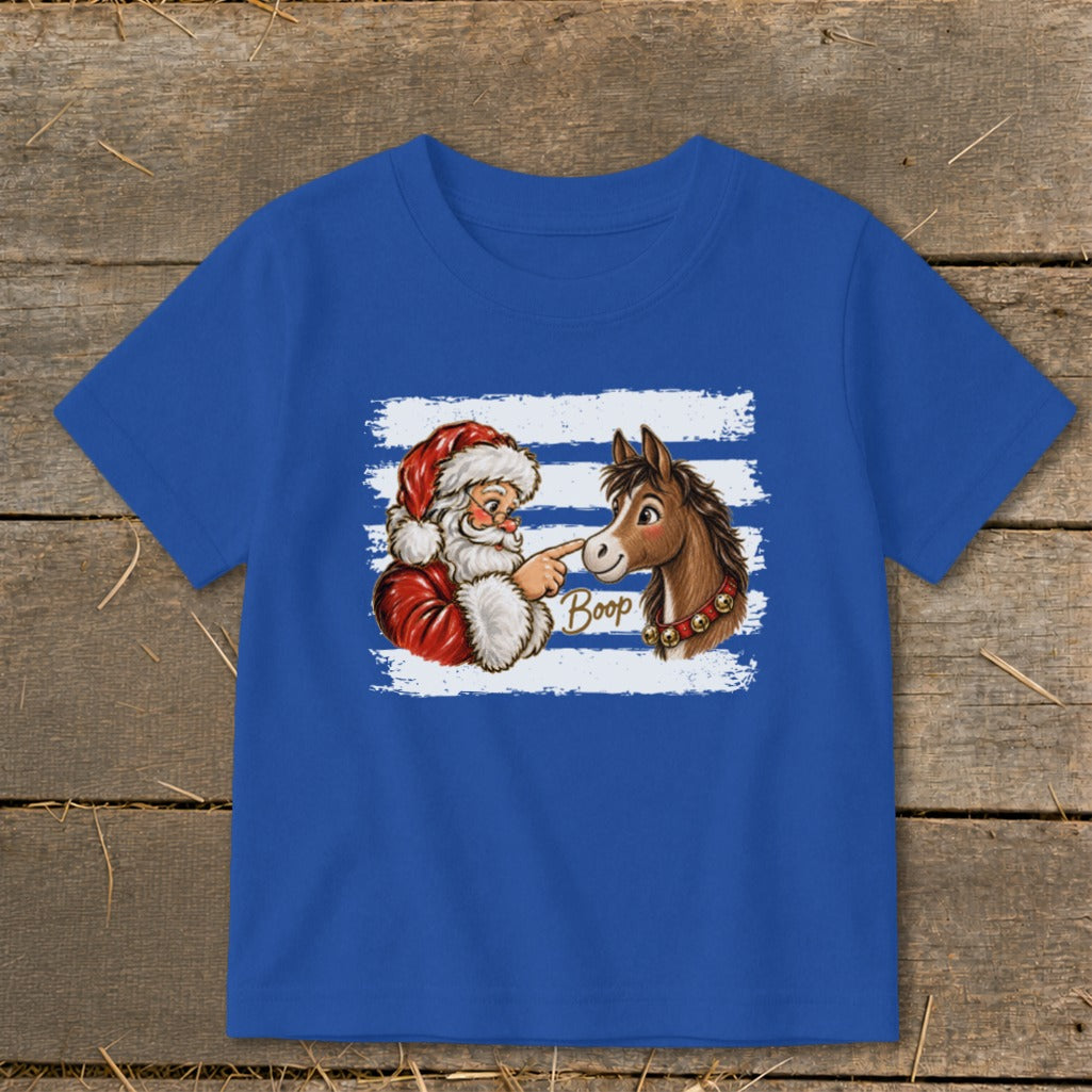Santa booping a horse's nose with the word "Boop" on a blue t-shirt.