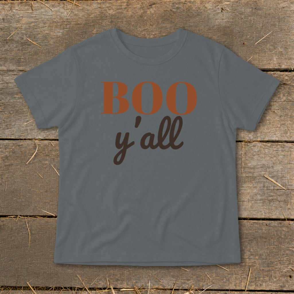 Gray t-shirt with orange "BOO" and brown "y'all" text.