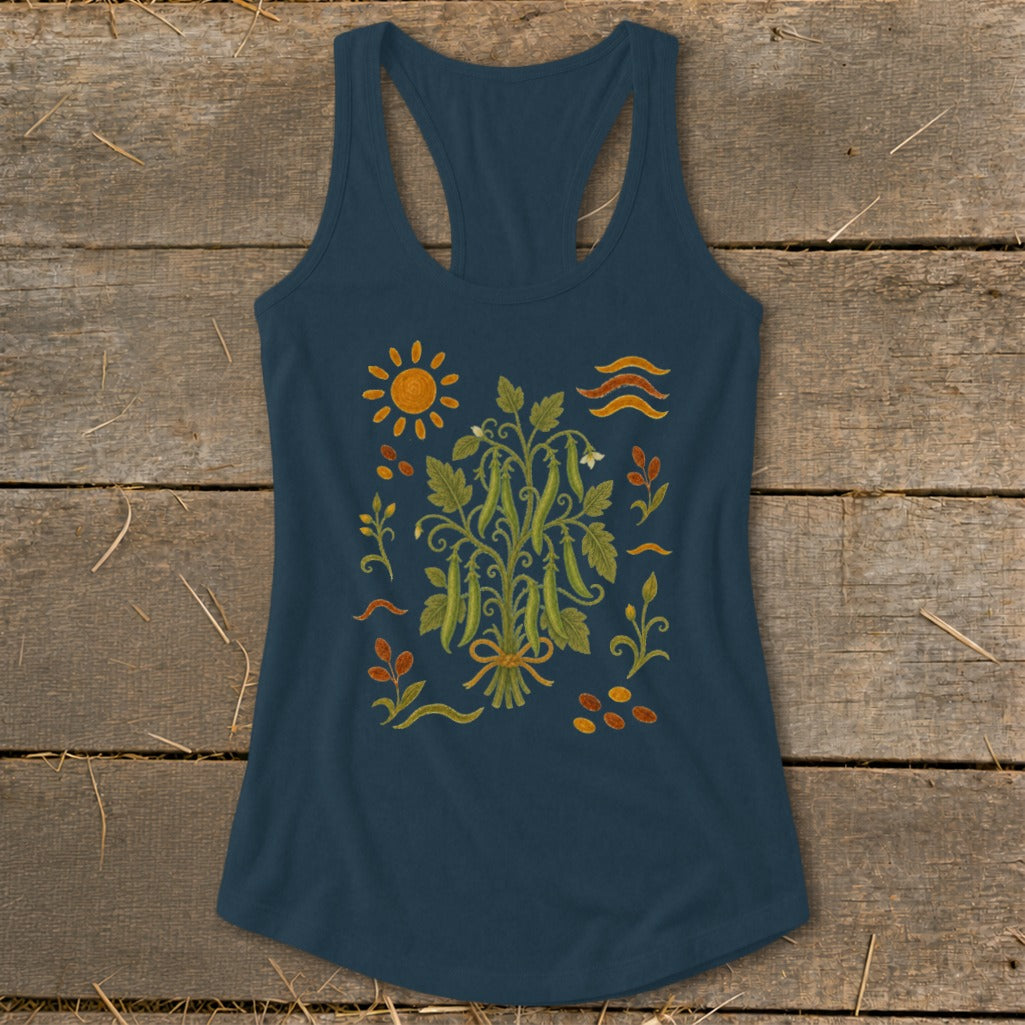 Dark blue racerback tank top with a green bean plant and sun graphic.